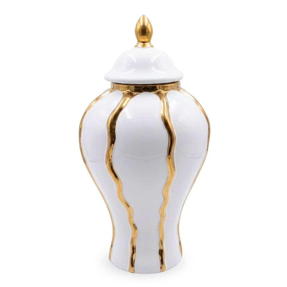 Frasco Decorativo de Vidrio Blanco con Detalles Dorados