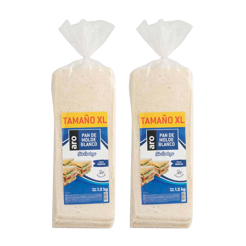 Pack Pan de Molde Blanco ARO sin Corteza Bolsa 1.2Kg  2un