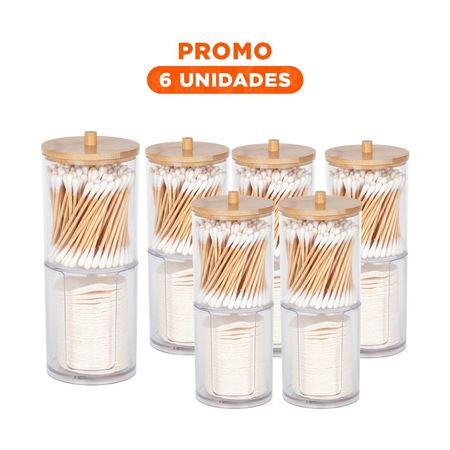 Pack6 Deposito Doble de Acrilico con Tapa de Madera Transparente Practico Plus