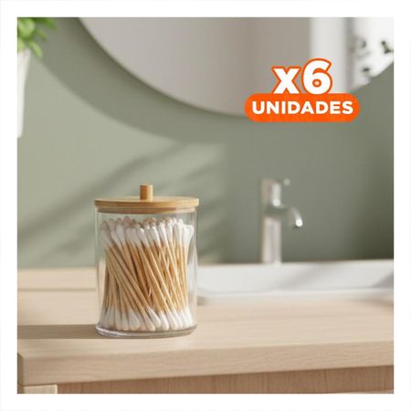 Pack6 Porta Hisopos Acrilico con Tapa de Madera 7x11cm Transparente Multiuso Y+Regalo Sticker