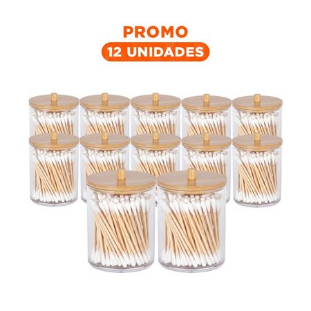 Pack12 Porta Hisopos Acrilico con Tapa de Madera 7x11cm Transparente Practico Y+Regalo Sticker