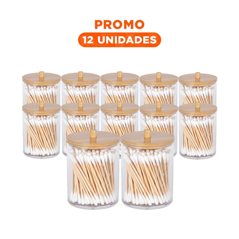Pack12 Porta Hisopos Acrilico con Tapa de Madera 7x11cm Transparente Practico Y+Regalo Sticker