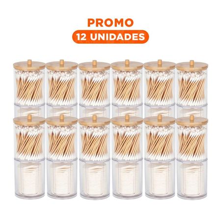 Pack12 Porta Hisopos Doble de Acrilico con Tapa de Madera Practico Plus Y+Regalo Sticker