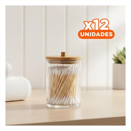 Pack12 Porta Hisopos Acrilico con Tapa de Madera 7x11cm Transparente Uso Hogar Y+Papel Regalo