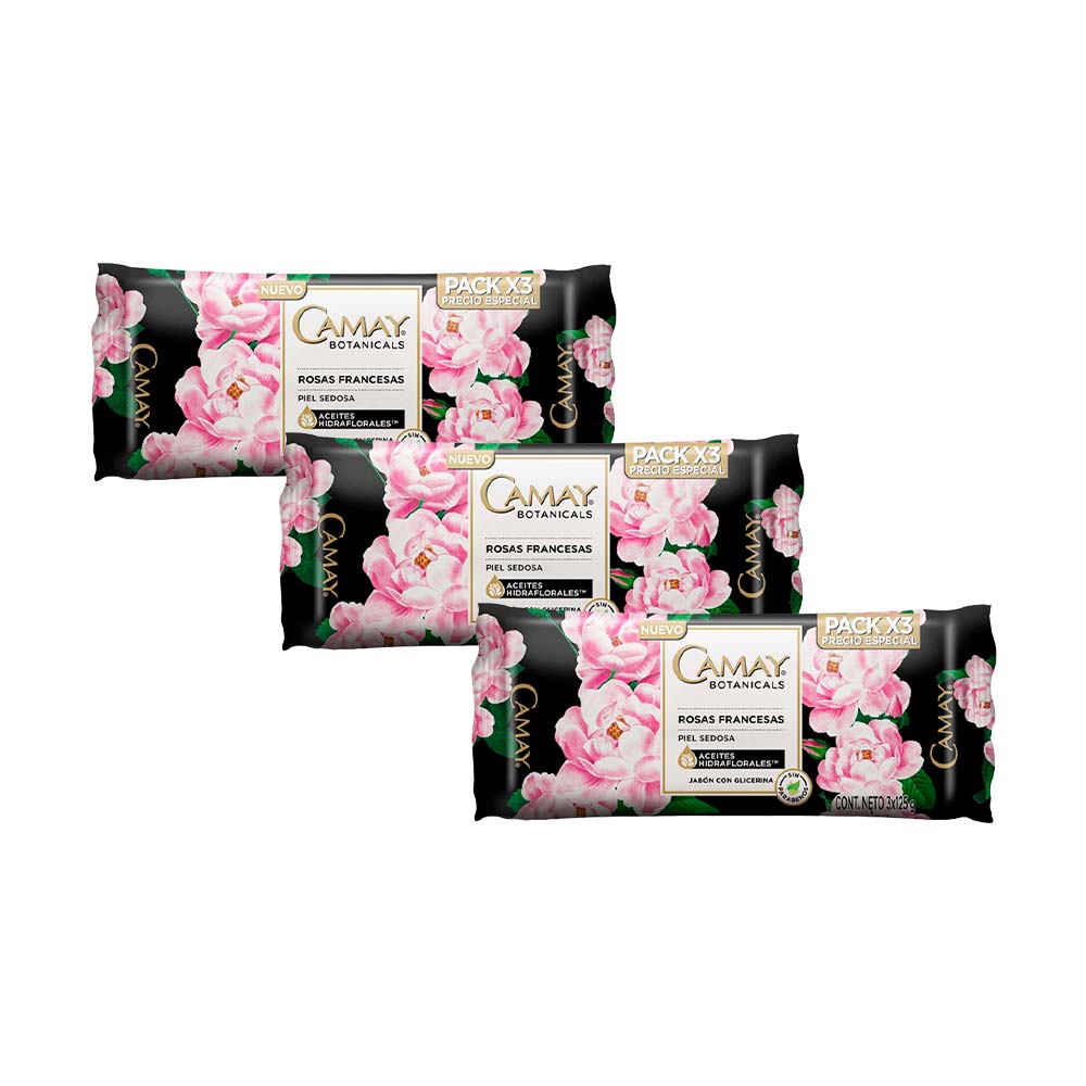 Pack Jabón de Tocador CAMAY Botanicals Rosas Francesas Barra 125g Paquete 3un x 3un