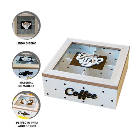 Estuche de Madera con Compartimentos para Te y Cafe Blanco Hogar Casa Festivo Y+Ligas Regalo