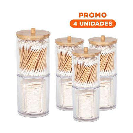 Pack4 Deposito Doble de Acrilico con Tapa de Madera Transparente Uso Hogar Y+Regalo Sticker