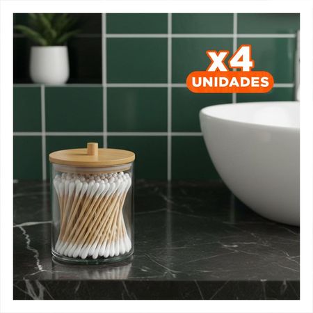 Pack4 Deposito Acrilico con Tapa de Madera 7x11cm Transparente para Hisopos