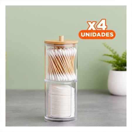 Pack4 Deposito Doble de Acrilico con Tapa de Madera Transparente Multiuso Plus