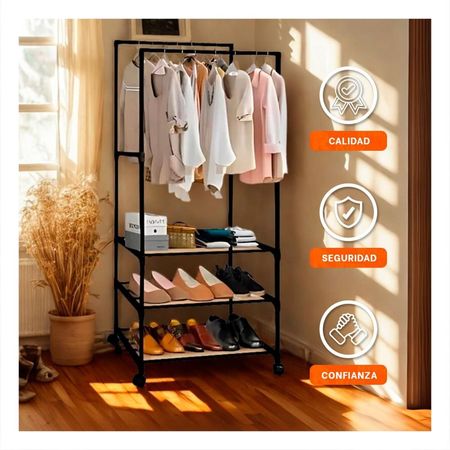 Soporte para Calzado 3 Niveles con Perchera Doble para Todos los Ambientes Negro Y+Papel Regalo