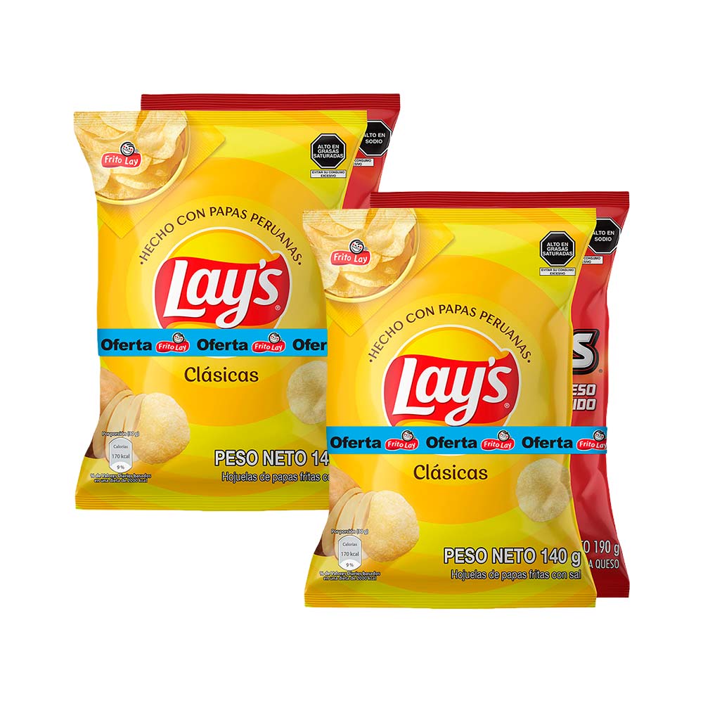 Pack Combo LAY'S Clásicas Sal + DORITOS Queso Atrevido Bolsa 330g x 2un