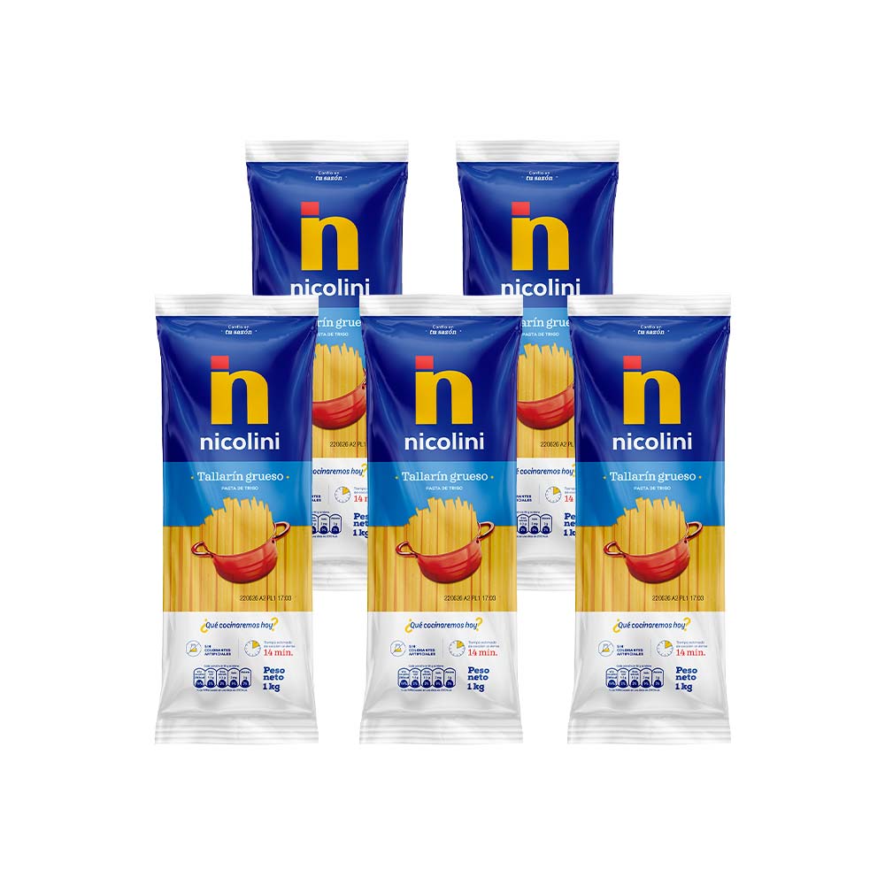 Pack Fideos NICOLINI Tallarín Grueso Bolsa 1k x 5un