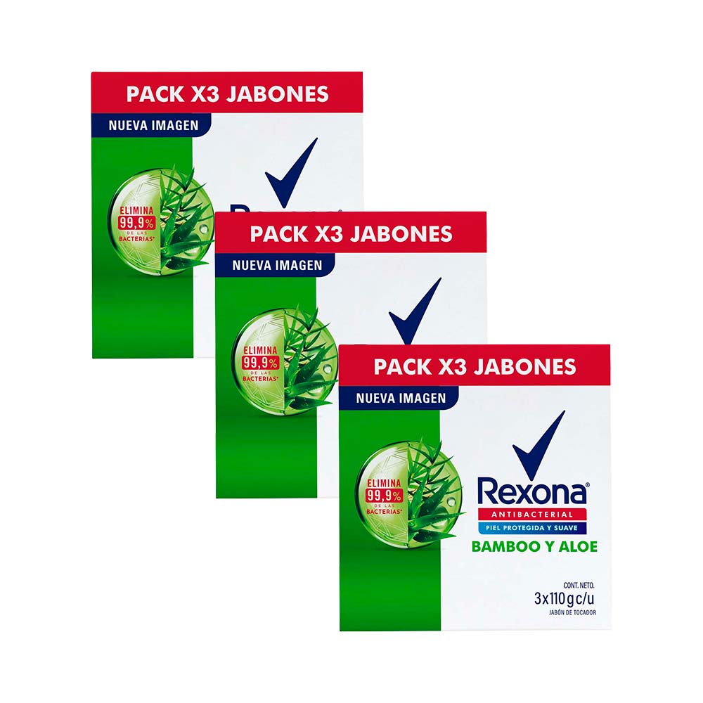 Pack Jabón Tocador REXONA Antibacterial Bamboo y Aloe Paquete 3un x 3un