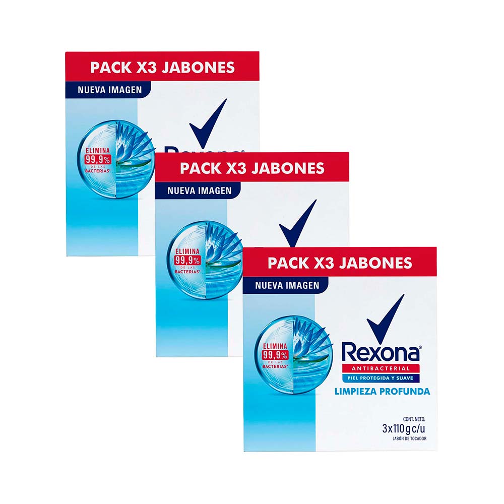 Pack Jabón Tocador REXONA Antibacterial Limpieza Profunda 110g Paquete 3un x 3un