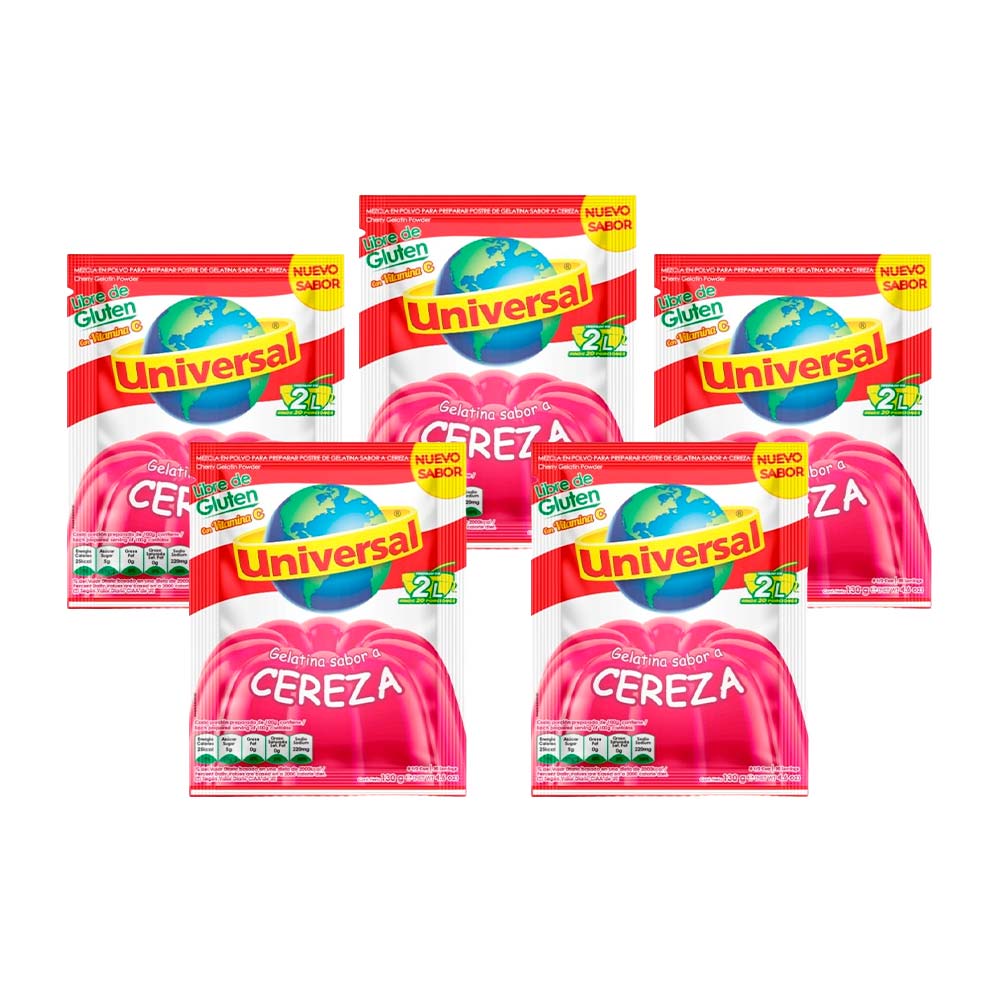 Pack 
Gelatina UNIVERSAL Sabor a Cereza Bolsa 130g x 5un