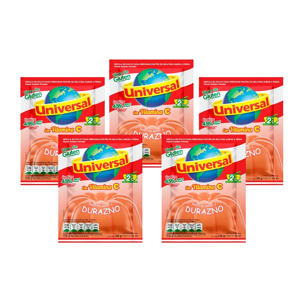Pack Gelatina UNIVERSAL Sabor a Durazno Bolsa 130g x 5un