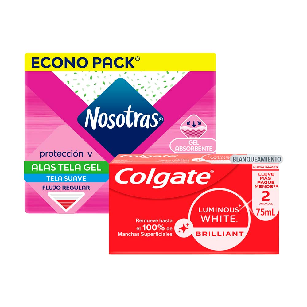 Pack Toallas Higiénicas NOSOTRAS Alas Tela Gel x 36un + Pasta Dental Blanqueadora Colgate Luminous White 2x75ml