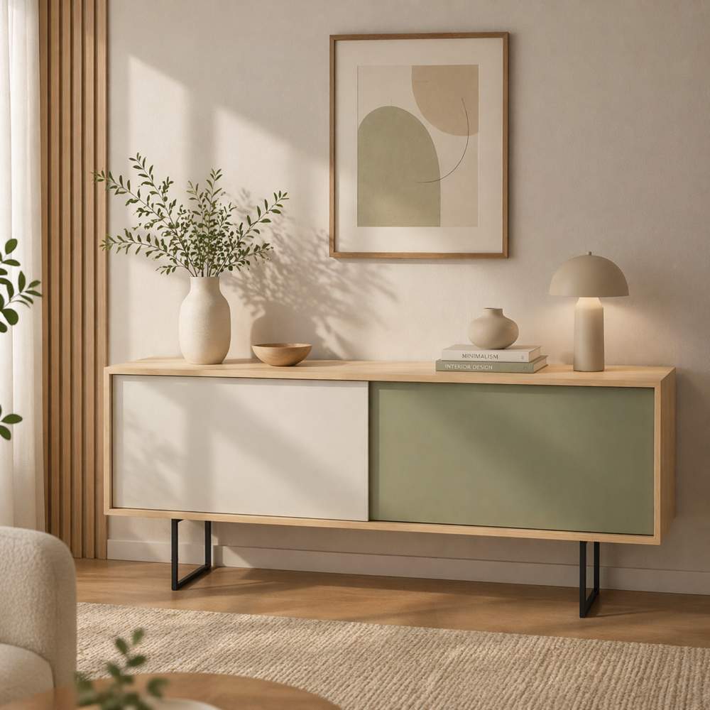 Aparador Aura TU MESITA en Rovere,Blanco y Agave con Patas Metálicas Canto Grueso