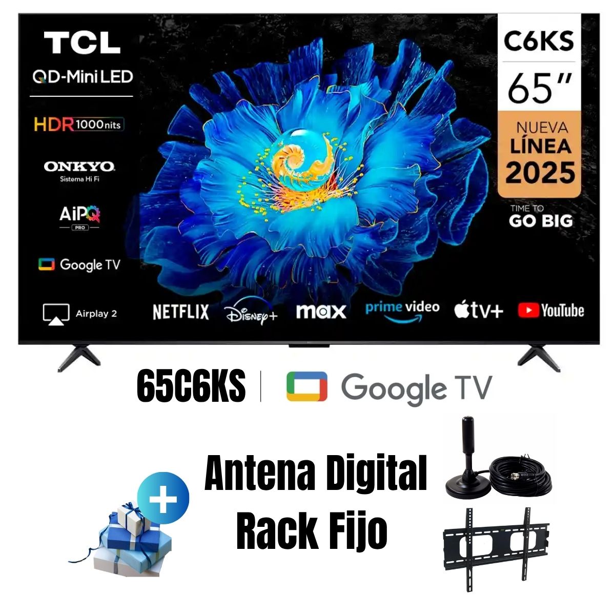 Televisor TCL 65'' QD-MINILED UHD 4K 65C6KS Google TV 2025 - ANT - RACK FIJO