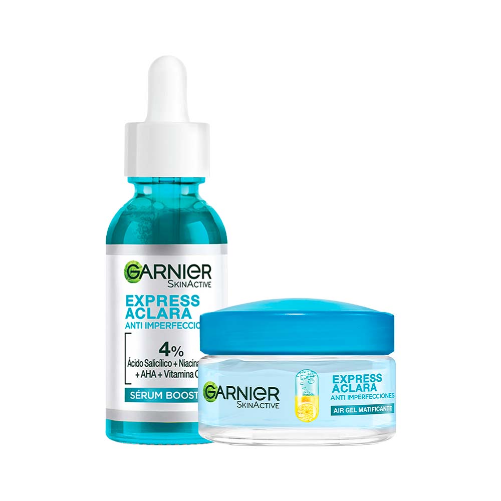 Pack GARNIER  Express Aclara: Crema de Gel Facial Matificante Anti-Imperfecciones Frasco 50ml + Serúm Booster Frasco 30ml