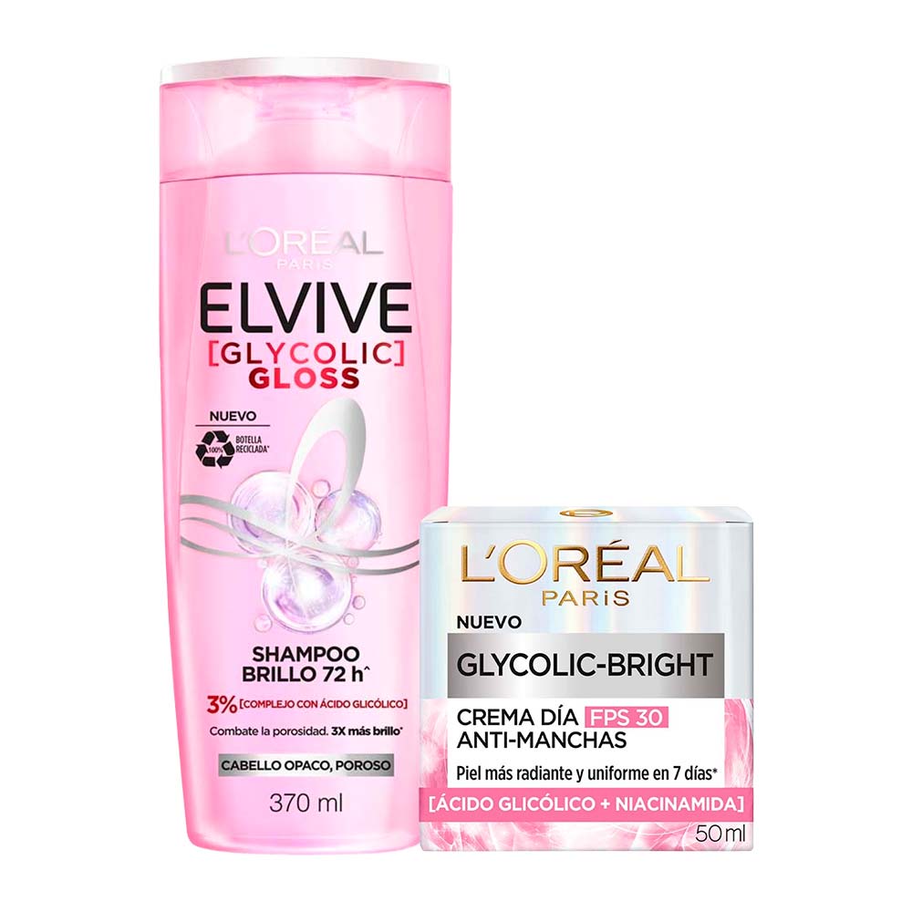 Pack Shampoo ELVIVE Glycolic Gloss Frasco 370ml + Crema Día Anti-manchas L'ORÉAL Ácido Glicólico FPS30 50ml