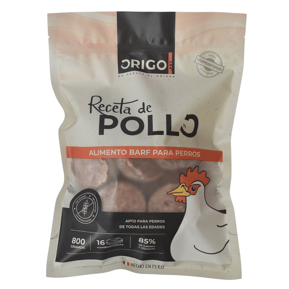 Alimento Crudo Congelado para Perros ORIGO Pollo Bolsa 800g