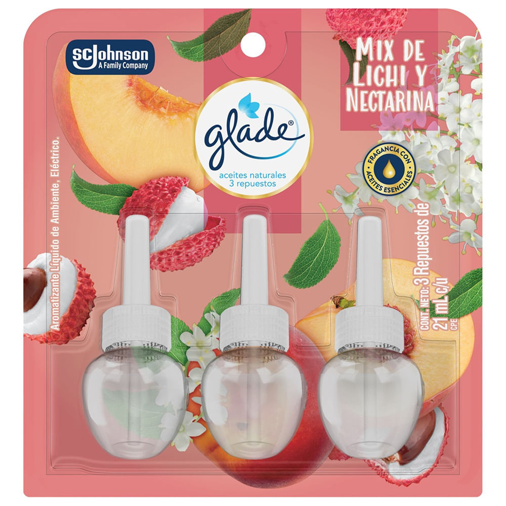 Ambientador en Aerosol GLADE Aceitas Naturales Mix de Lichi y Nectarina 3 Repuestos de 21ml c/u Frasco 3un