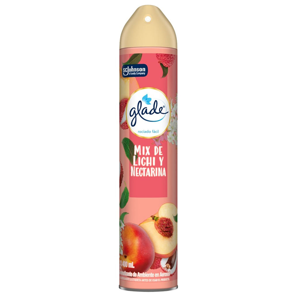 Ambientador en Aerosol GLADE Rociado Fácil Mix de Lichi y Nectarina Frasco 400ml