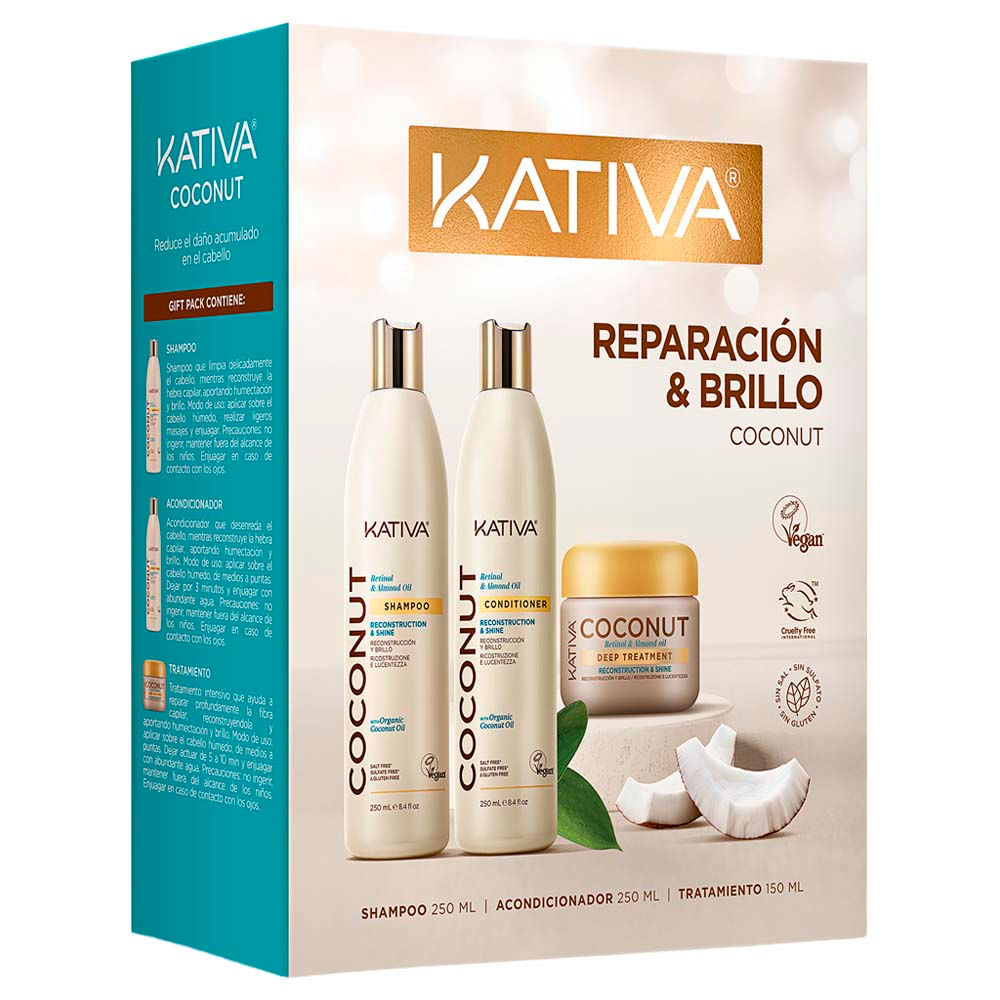 Pack KATIVA Coconut Almond Retinol: Shampoo 250ml + Acondicionador 250ml + Tratamiento Intensivo 150ml