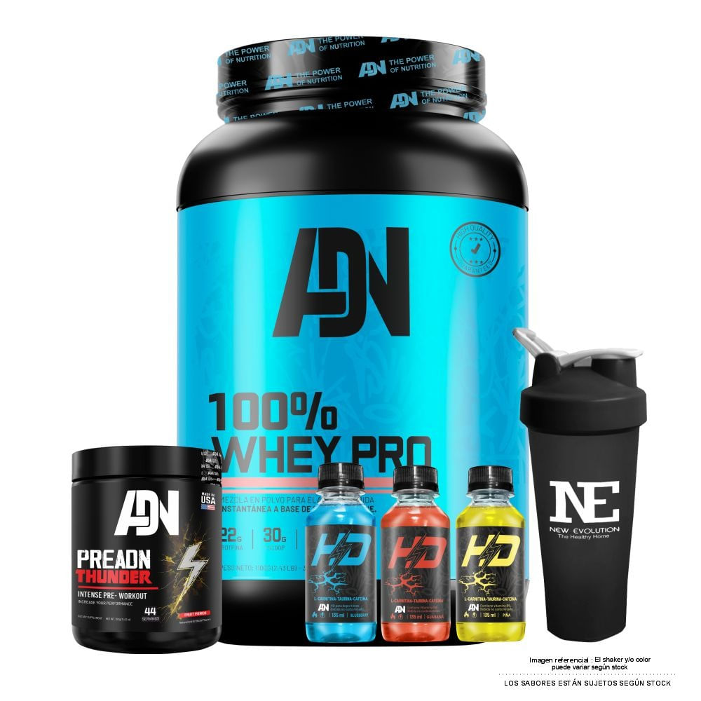 COMBO ADN NUTRITION - 100% WHEY PRO  1.100 KG. VAINILLA + PRE ADN THUNDER 352 GR. UVA + SHAKER