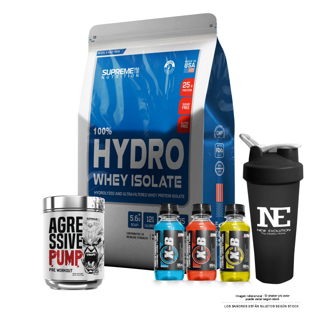 COMBO SUPREME - HYDRO WHEY ISOLATE 2.43 LIBRAS VAINILLA + AGRESSIVE PUMP 350GR. FRUIT PUNCH + SHAKER