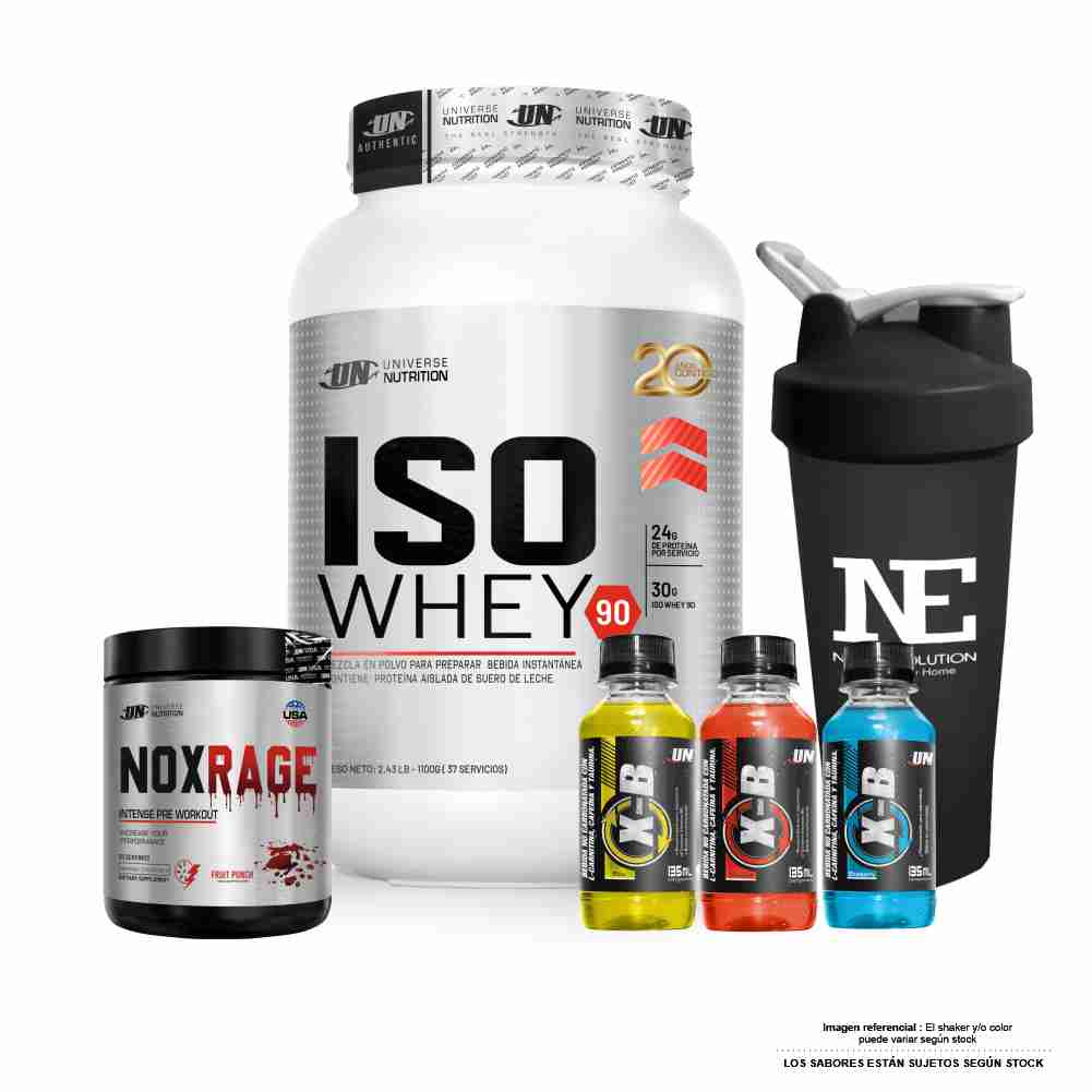 COMBO UNIVERSE NUTRITION - ISO WHEY 90 1.100 KG. CHOCOLATE + NOX RAGE 350 GR. FRUIT PUNCH + SHAKER