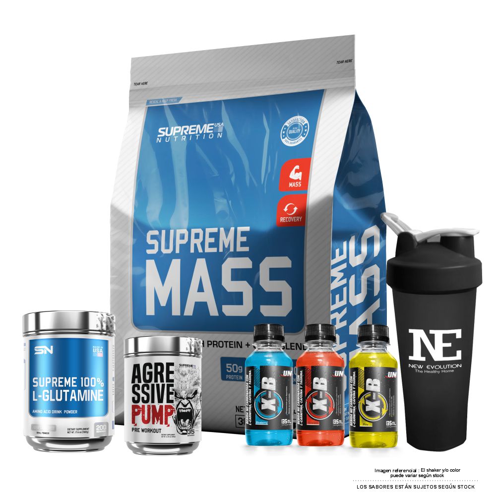 COMBO SUPREME- SUPREME MASS 10 LIBRAS CHOCOLATE+ GLUTAMINE 500G + AGRESSIVE PUMP 350G SANDIA +SHAKER