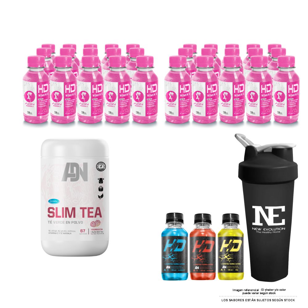 COMBO ADN WOMEN'S - SLIM TEA 100 GR. FRAMBUESA + 2 HD WOMEN'S PACK 30 UNID. BLUEBERRY + SHAKER