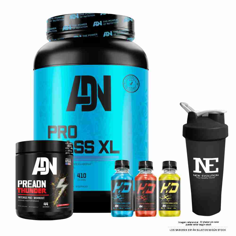 COMBO ADN NUTRITION - PRO MASS XL 2 KG. CHOCOLATE + PRE ADN THUNDER 352 GR. UVA + SHAKER