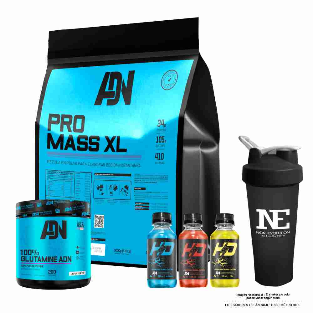 COMBO ADN NUTRITION - PRO MASS XL 5 KG. VAINILLA + 100% GLUTAMINE ADN 500 GR. NATURAL + SHAKER
