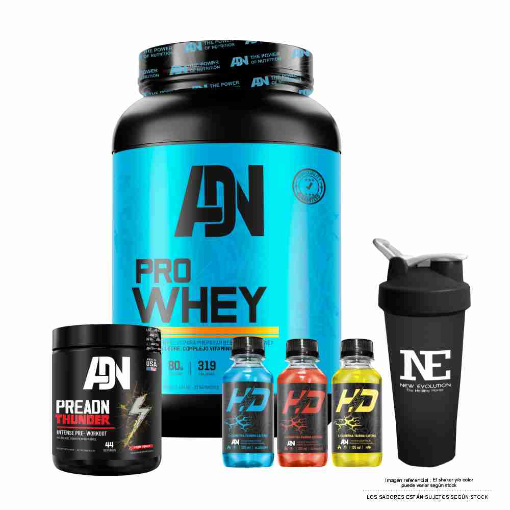 COMBO ADN NUTRITION - PRO WHEY 1.100 KG. VAINILLA + PRE ADN THUNDER 352 GR. FRUIT PUNCH + SHAKER