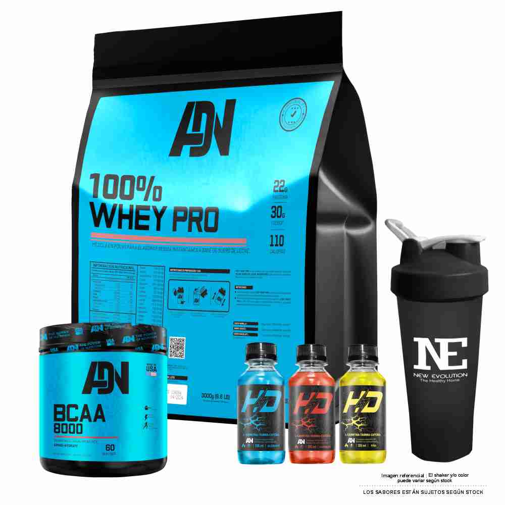 COMBO ADN NUTRITION - 100% WHEY PRO 3 KG. COOKIE + BCAA 8000 540 GR. FRUIT PUNCH + SHAKER
