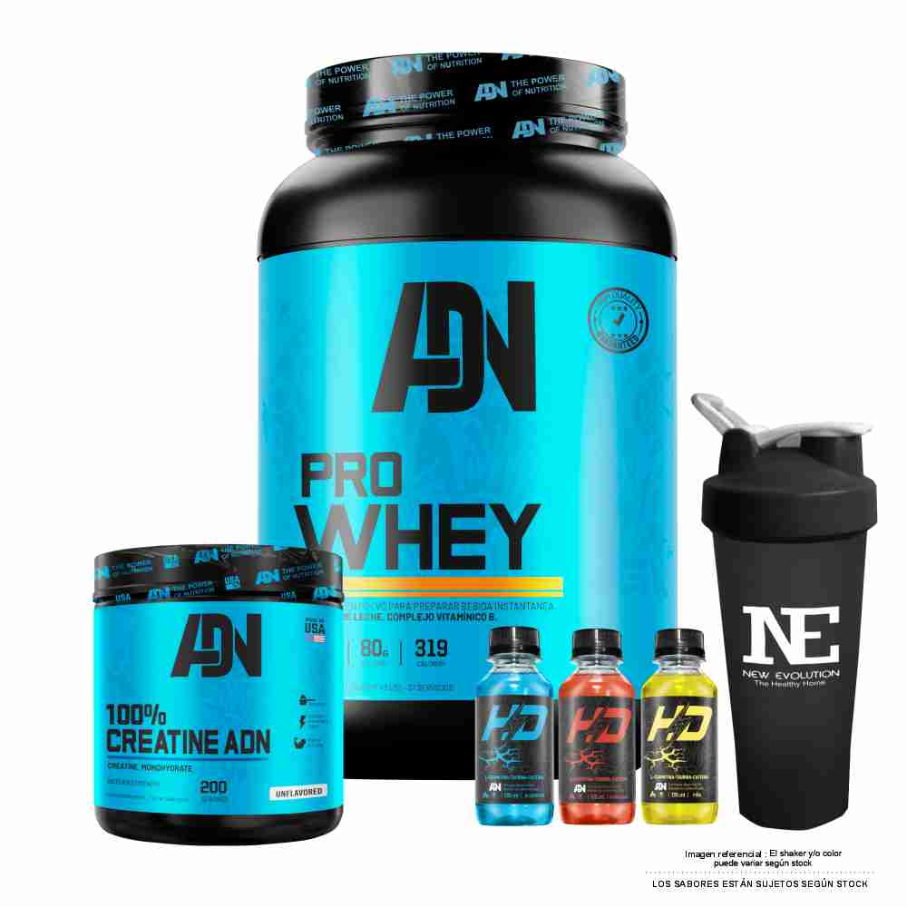 COMBO ADN NUTRITION - PRO WHEY 1.100 KG. CHOCOLATE + 100% CREATINE ADN 500 GR. + SHAKER