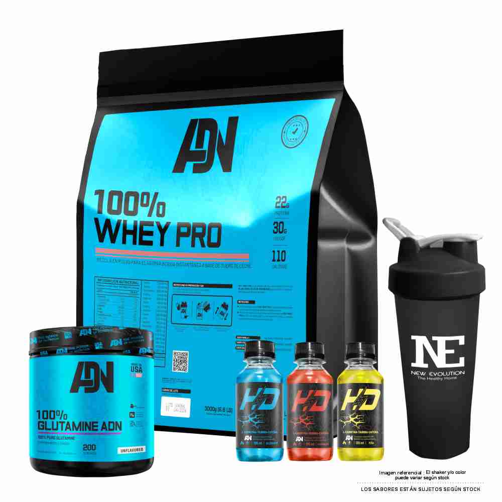 COMBO ADN NUTRITION - 100% WHEY PRO 5 KG. VAINILLA + 100% GLUTAMINE ADN 500 GR. NATURAL + SHAKER