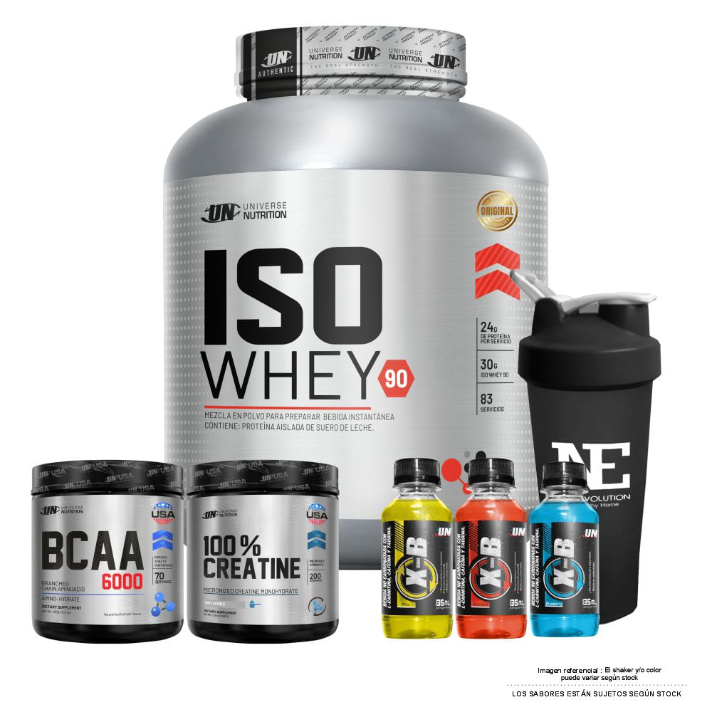COMBO UNIVERSE- ISO WHEY 90 2.5 KG. CHOCOLATE+ 100% CREATINE 500GR + BCAA 490GR CITRUS PUNCH +SHAKER