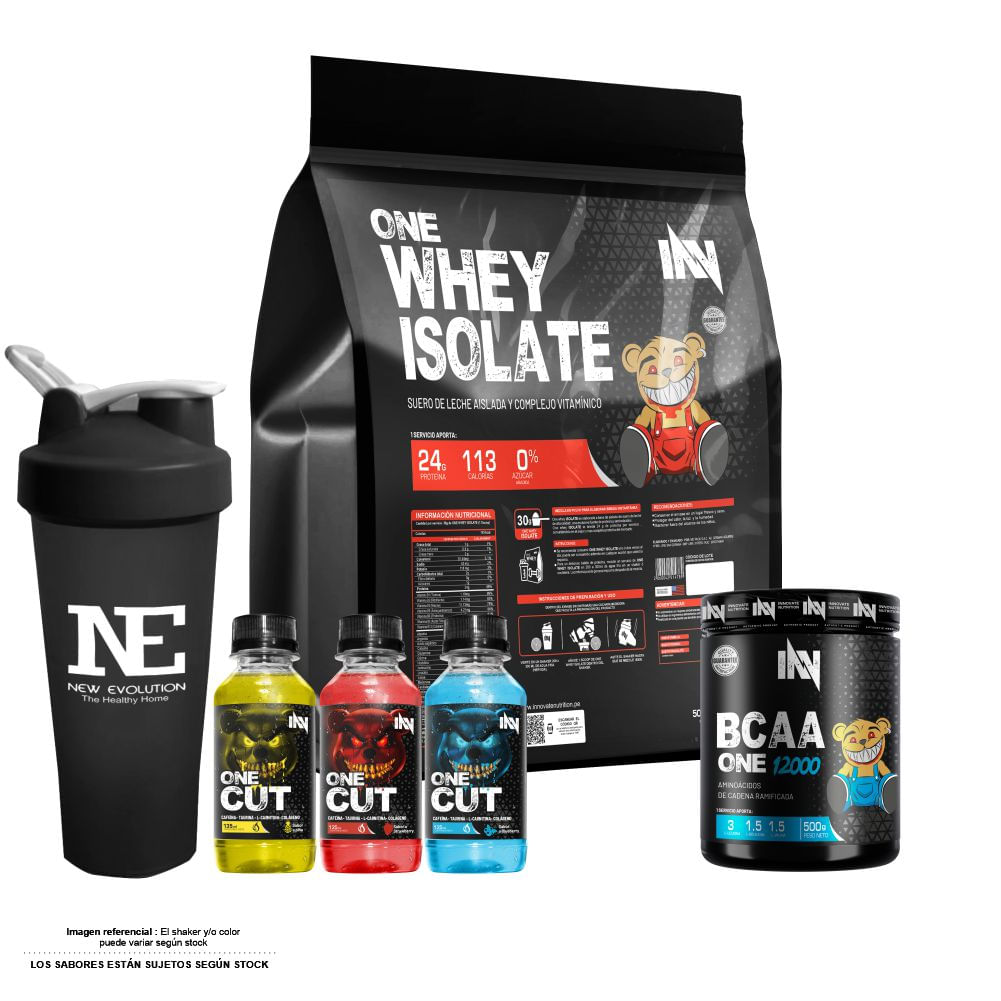COMBO INNOVATE NUTRITION - ONE WHEY ISOLATE 3 KG. VAINILLA + BCAA ONE 500 GR. FRUIT PUNCH + SHAKER