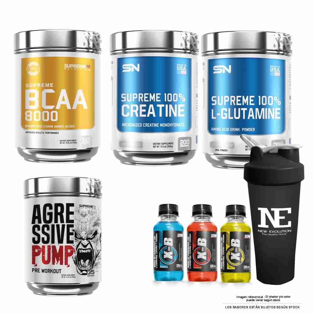 COMBO SUPREME- BCAA 540G FRUIT PUNCH+GLUTAMINE 500G +CREATINE 500G+AGRESSIVE 350G FRUIT PUNCH+SHAKER