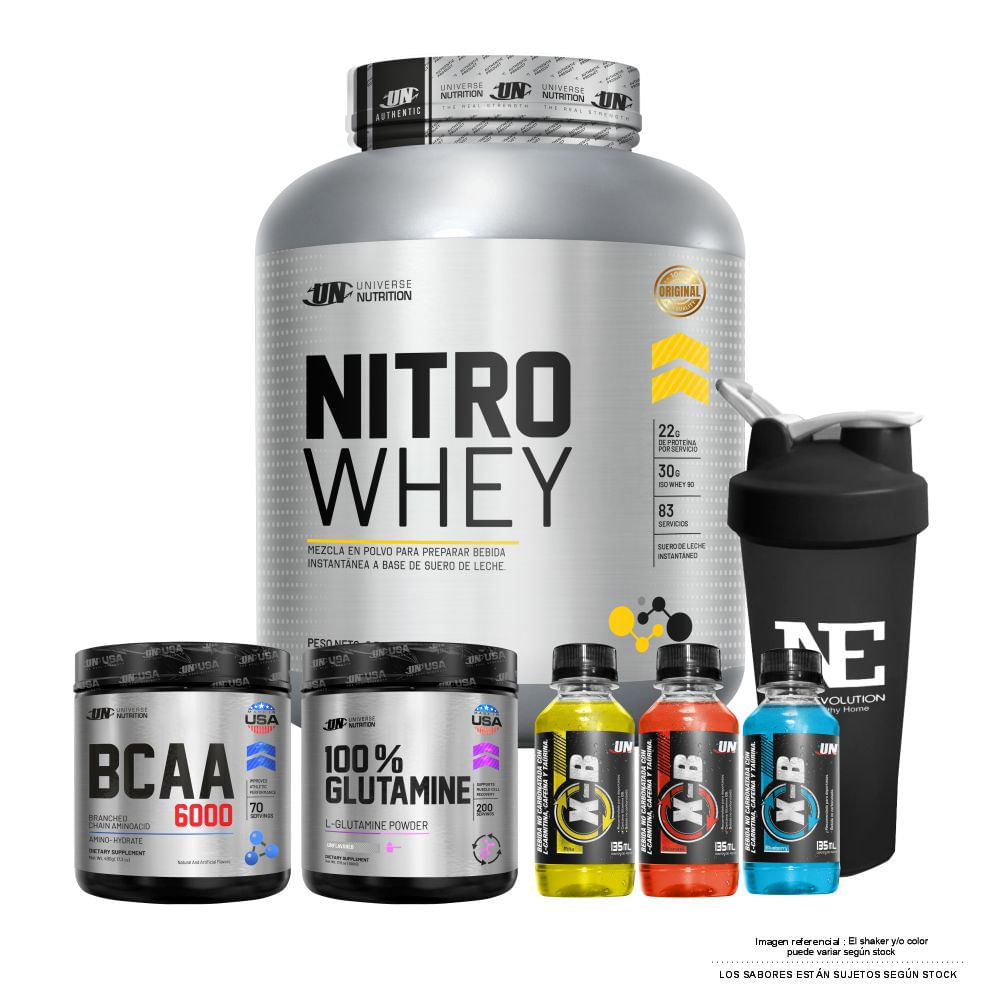 COMBO UNIVERSE - NITRO WHEY 2.5 KG. VAINILLA + BCAA 490 GR. FRUIT PUNCH + GLUTAMINE 500 GR. + SHAKER