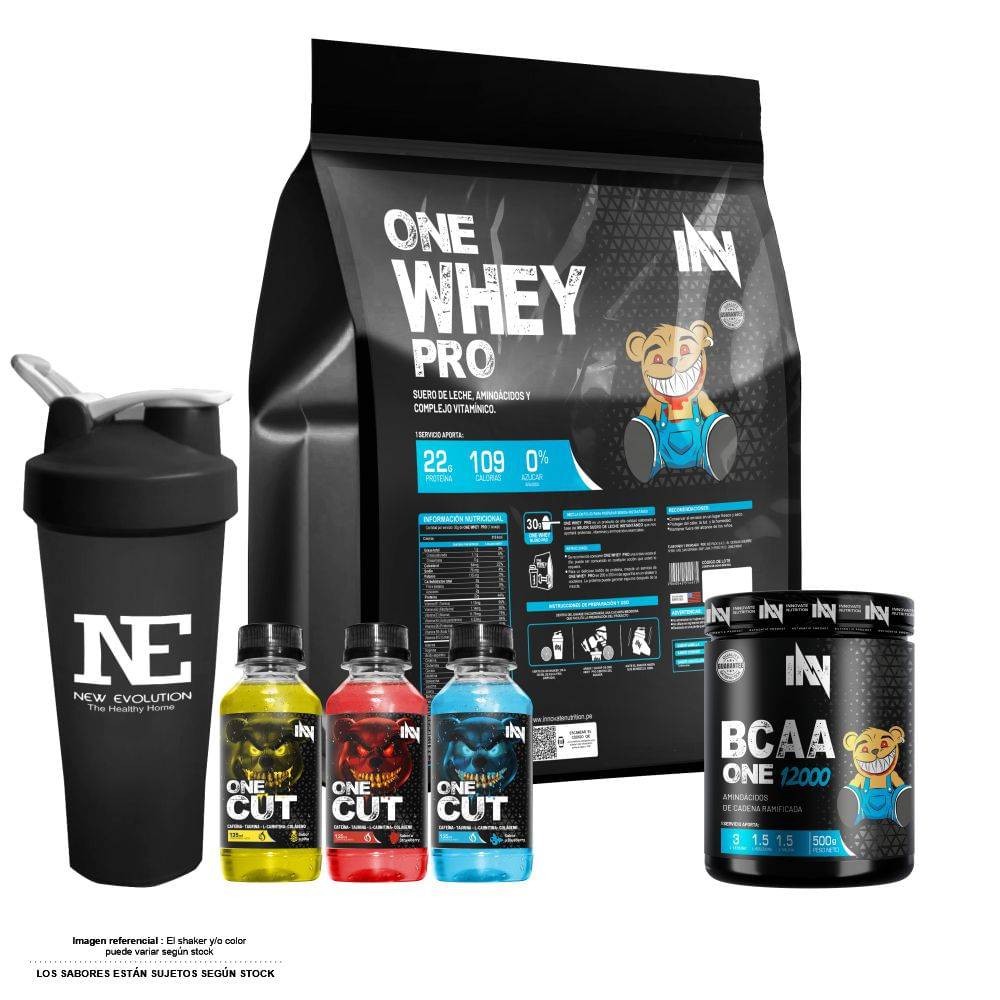 COMBO INNOVATE NUTRITION - ONE WHEY PRO 3 KG. CHOCOLATE + BCAA ONE 12000 500 GR. FRUIT PUNCH +SHAKER