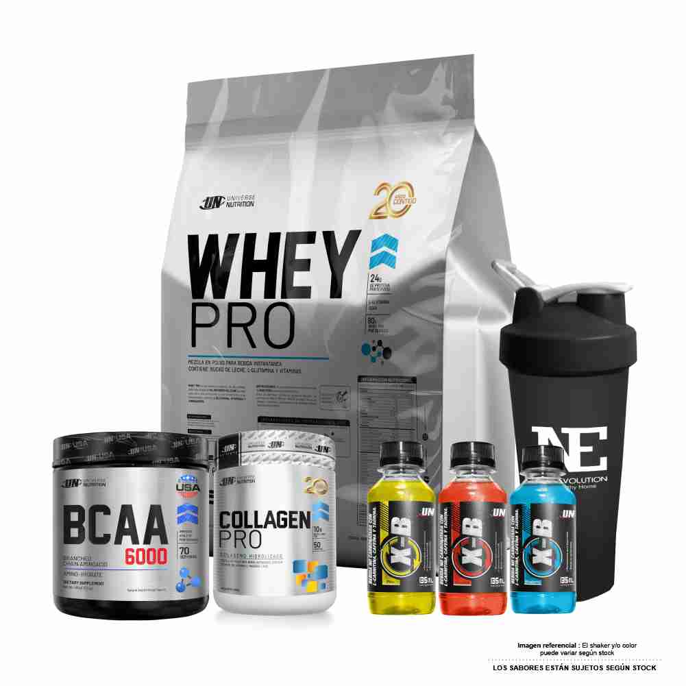 COMBO UNIVERSE - WHEY PRO 5 KG. VAINILLA + BCAA 490GR. CITRUS PUNCH+ COLLAGEN PRO 500GR MORA +SHAKER