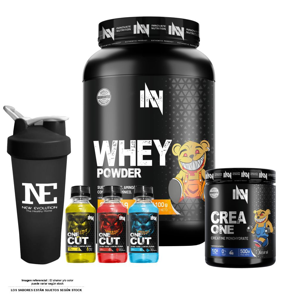 COMBO INNOVATE NUTRITION - WHEY POWDER 1.100 KG. CHOCOLATE + CREA ONE 500 GR. + SHAKER