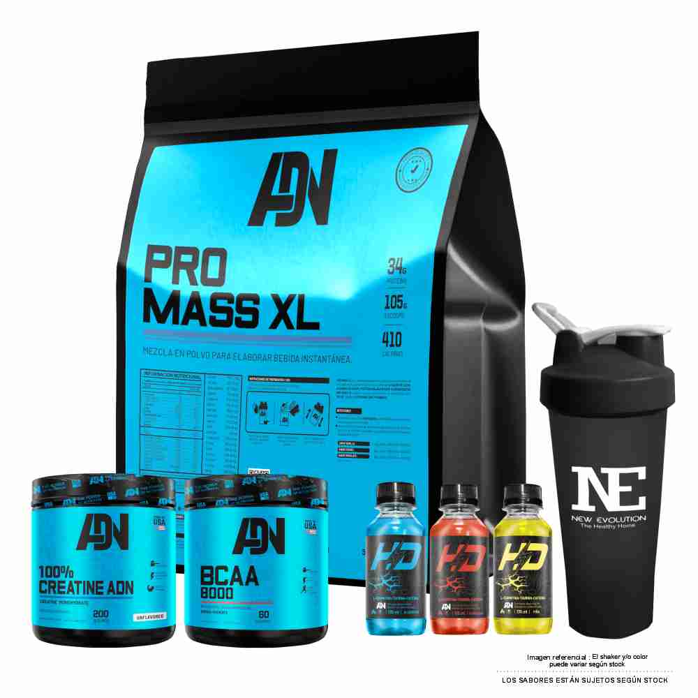 COMBO ADN - PRO MASS XL 5 KG. VAINILLA+ BCAA 8000 540GR. FRUIT PUNCH+ 100% CREATINE ADN 500G +SHAKER