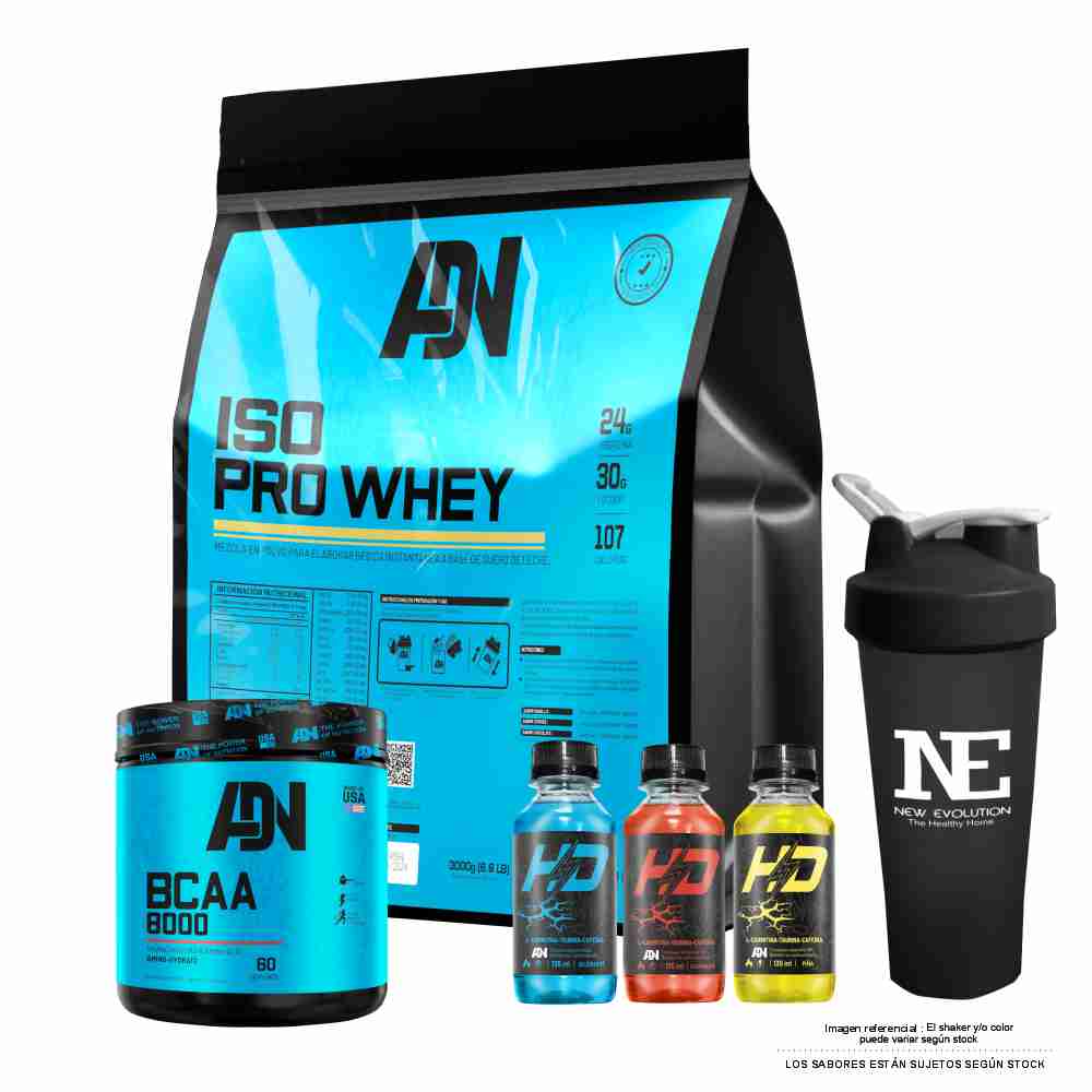 COMBO ADN NUTRITION - ISO PRO WHEY 3 KG. COOKIE + BCAA 8000 540 GR. FRUIT PUNCH + SHAKER
