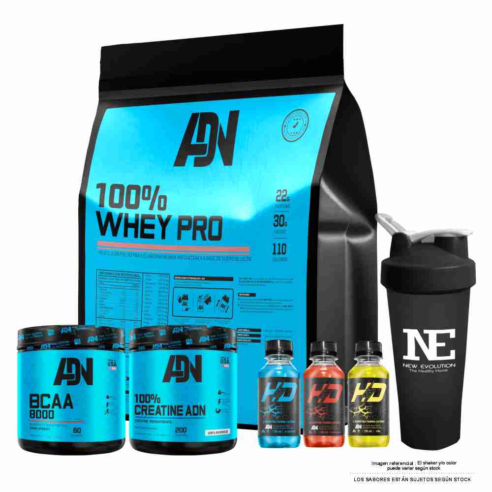 COMBO ADN - 100% WHEY PRO 3 KG. VAINILLA+ BCAA 8000 540 GR. MANZANA+ 100% CREATINE ADN 500GR +SHAKER